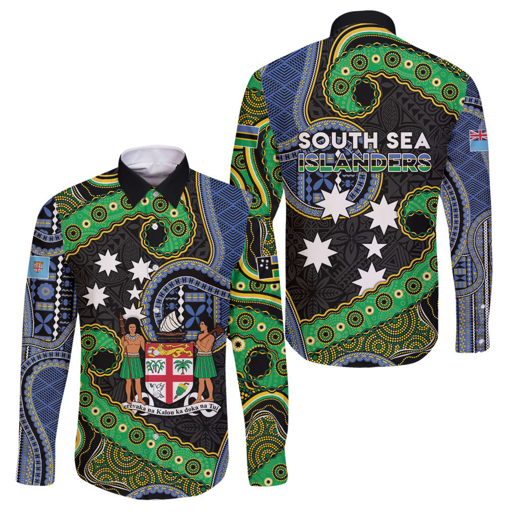 South Sea Islanders And Fiji Family Matching Off The Shoulder Long Sleeve Dress and Hawaiian Shirt Fijian Coat Of Arms And Southern Cross DT05 Dad's Shirt - Long Sleeve Black - Polynesian Pride