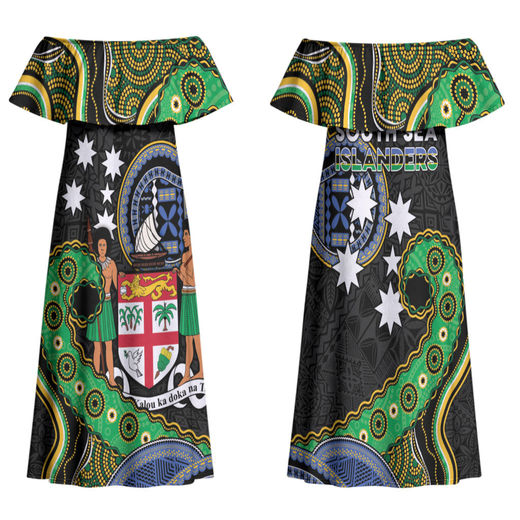 South Sea Islanders And Fiji Family Matching Off Shoulder Maxi Dress and Hawaiian Shirt Fijian Coat Of Arms And Southern Cross DT05 Mom's Dress Black - Polynesian Pride