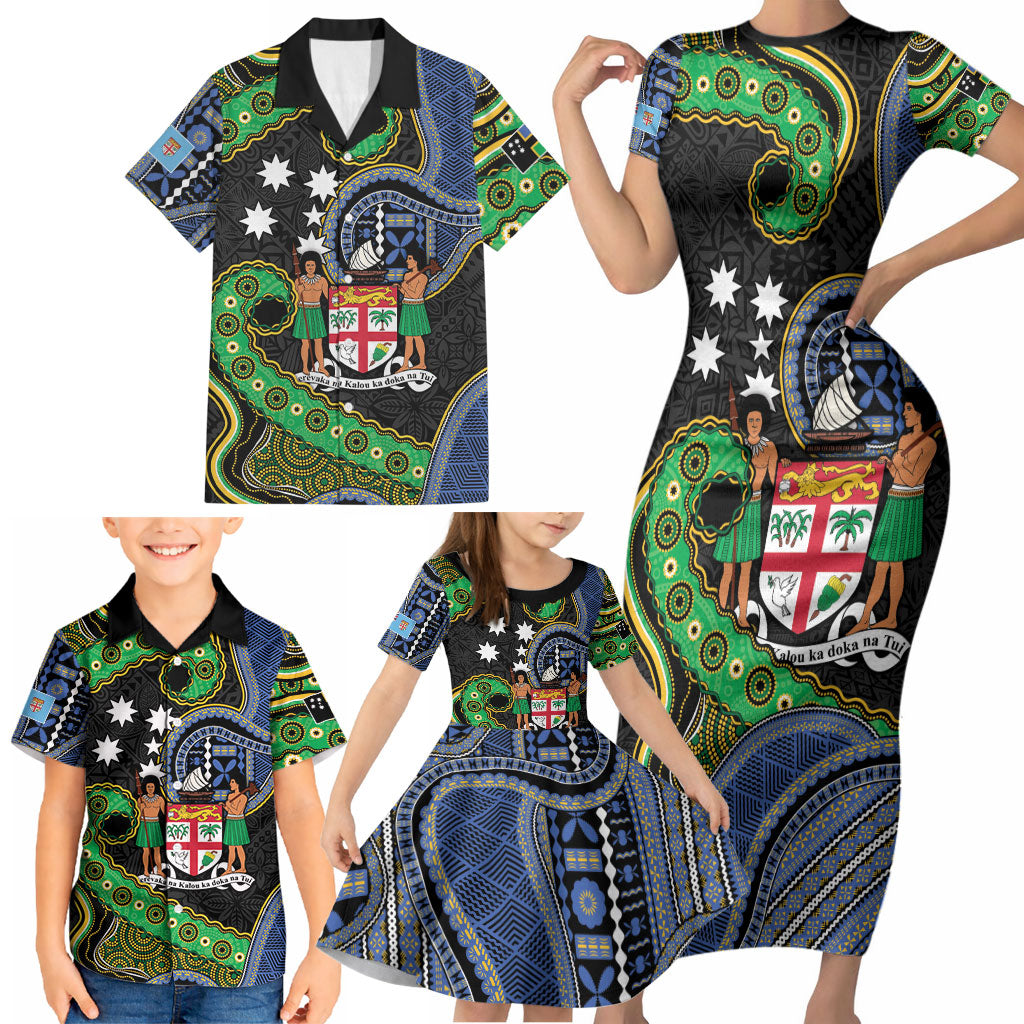 South Sea Islanders And Fiji Family Matching Short Sleeve Bodycon Dress and Hawaiian Shirt Fijian Coat Of Arms And Southern Cross DT05 - Polynesian Pride