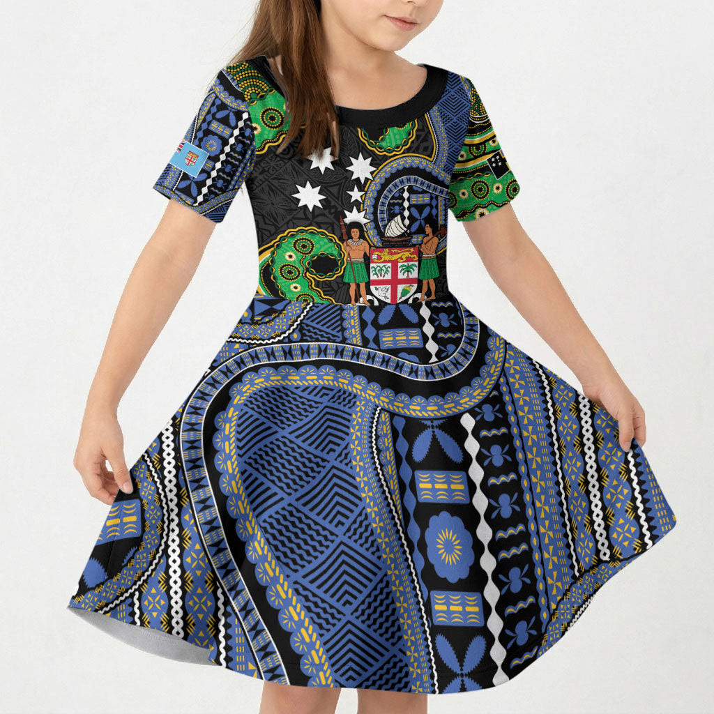 South Sea Islanders And Fiji Kid Short Sleeve Dress Fijian Coat Of Arms And Southern Cross DT05 KID Black - Polynesian Pride