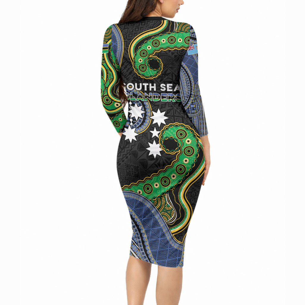 South Sea Islanders And Fiji Long Sleeve Bodycon Dress Fijian Coat Of Arms And Southern Cross DT05 - Polynesian Pride