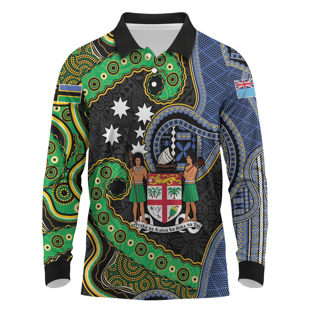 South Sea Islanders And Fiji Long Sleeve Polo Shirt Fijian Coat Of Arms And Southern Cross DT05 Black - Polynesian Pride