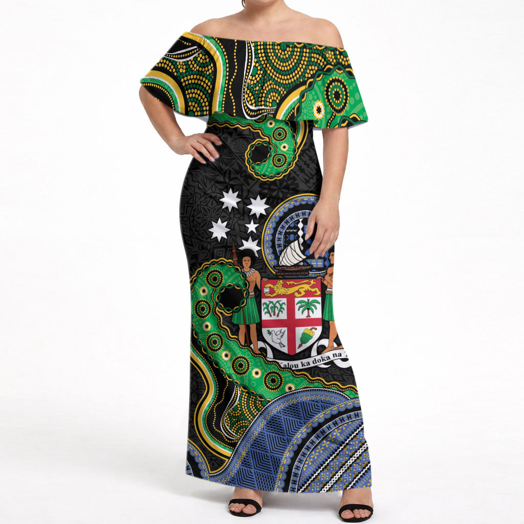 South Sea Islanders And Fiji Off Shoulder Maxi Dress Fijian Coat Of Arms And Southern Cross DT05 Women Black - Polynesian Pride
