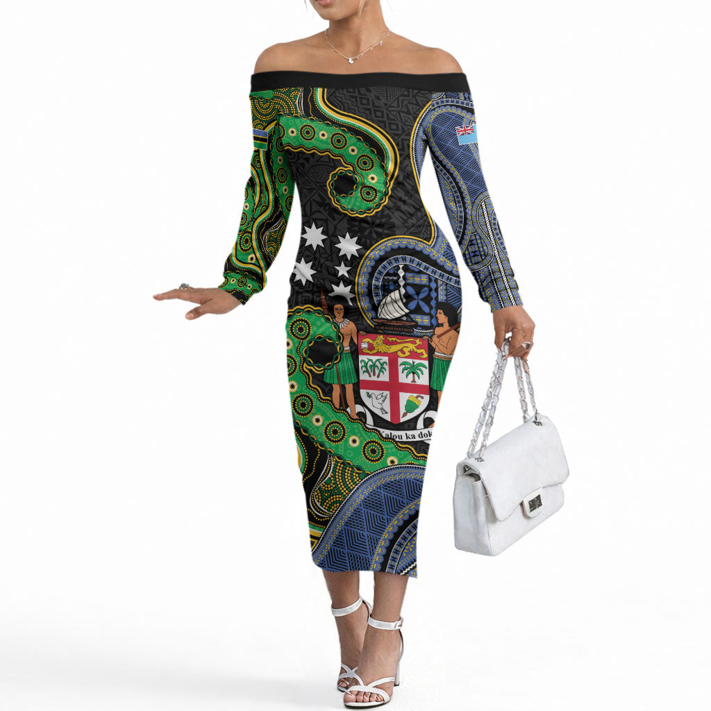 South Sea Islanders And Fiji Off The Shoulder Long Sleeve Dress Fijian Coat Of Arms And Southern Cross DT05 Women Black - Polynesian Pride