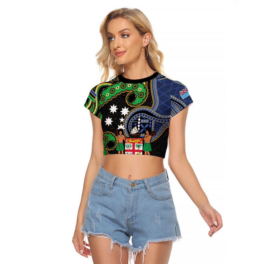 South Sea Islanders And Fiji Raglan Cropped T Shirt Fijian Coat Of Arms And Southern Cross DT05 Female Black - Polynesian Pride