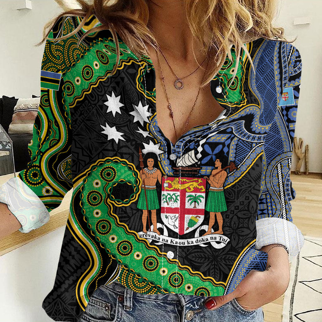 South Sea Islanders And Fiji Women Casual Shirt Fijian Coat Of Arms And Southern Cross DT05 Female Black - Polynesian Pride