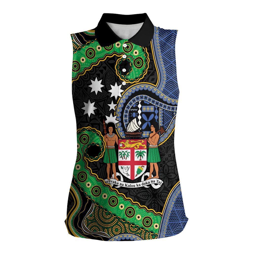 South Sea Islanders And Fiji Women Sleeveless Polo Shirt Fijian Coat Of Arms And Southern Cross DT05 Female Black - Polynesian Pride