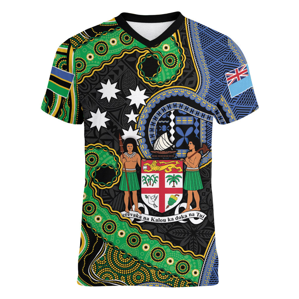 South Sea Islanders And Fiji Women V-Neck T-Shirt Fijian Coat Of Arms And Southern Cross DT05 Female Black - Polynesian Pride