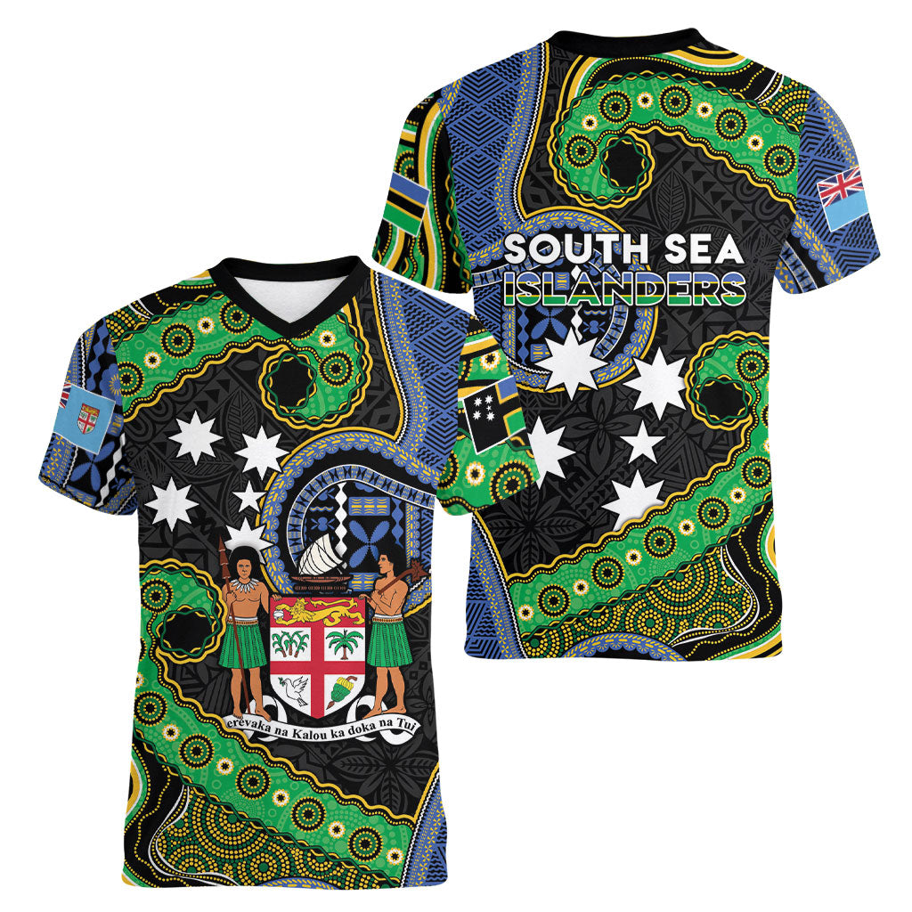 South Sea Islanders And Fiji Women V-Neck T-Shirt Fijian Coat Of Arms And Southern Cross DT05 - Polynesian Pride