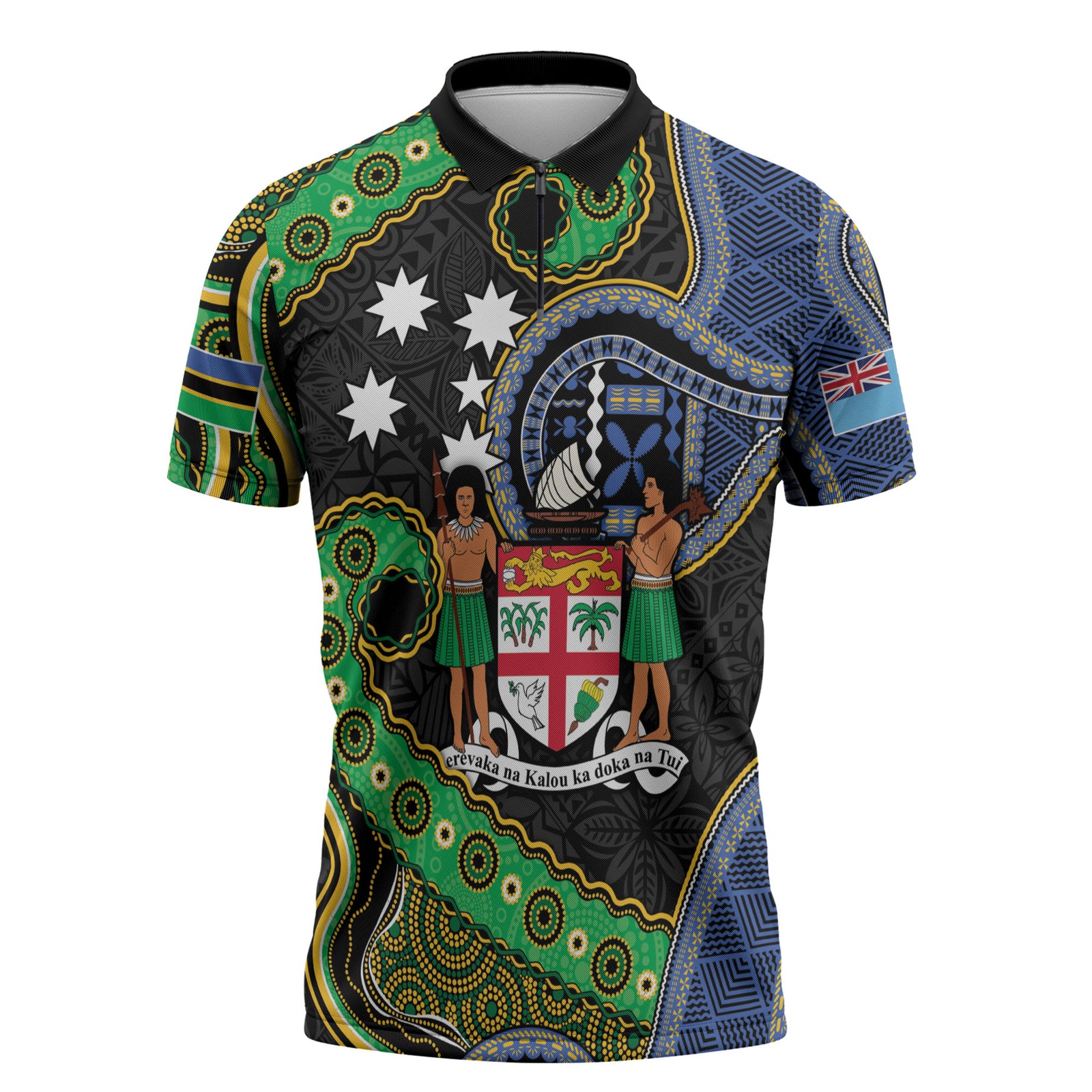 South Sea Islanders And Fiji Zipper Polo Shirt Fijian Coat Of Arms And Southern Cross DT05 Black - Polynesian Pride