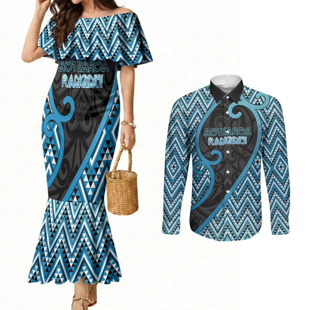 Custom Aotearoa Atua Ranginui Couples Matching Mermaid Dress and Long Sleeve Button Shirt Maori Sky Father Koru Patterns DT05 Blue - Polynesian Pride