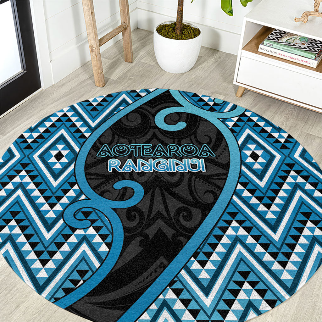 Aotearoa Atua Ranginui Round Carpet Maori Sky Father Koru Patterns DT05 Blue - Polynesian Pride