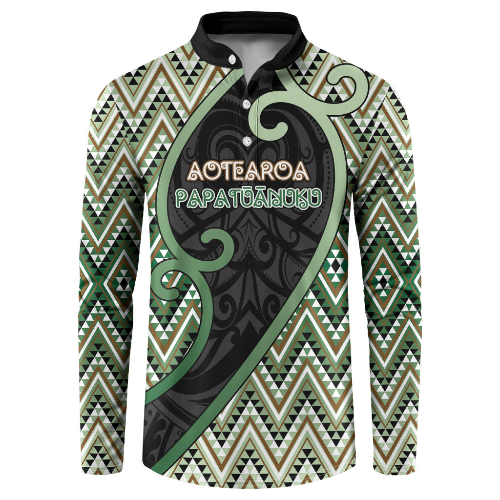 Custom Aotearoa Atua Papatuanuku Button Sweatshirt Earth Mother Father Koru Patterns DT05 Green - Polynesian Pride