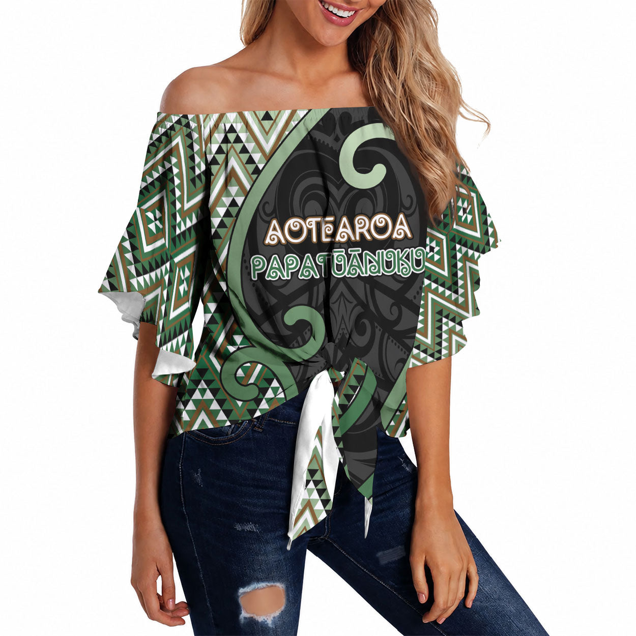 Custom Aotearoa Atua Papatuanuku Off Shoulder Wrap Waist Top Earth Mother Father Koru Patterns DT05 Green - Polynesian Pride