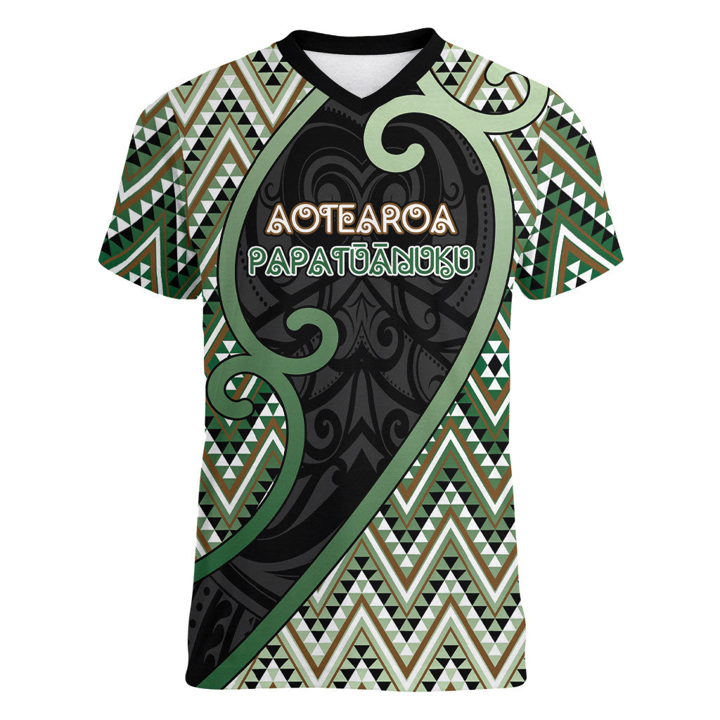 Custom Aotearoa Atua Papatuanuku Women V-Neck T-Shirt Earth Mother Father Koru Patterns