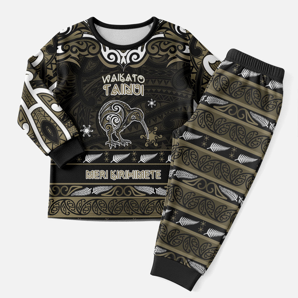 Personalised Waikato Tainui Aotearoa Meri Kirihimete Christmas Pajama Set Maori Kiwi Bird Silver Fern Koru Pattern DT05 Men Gold - Polynesian Pride