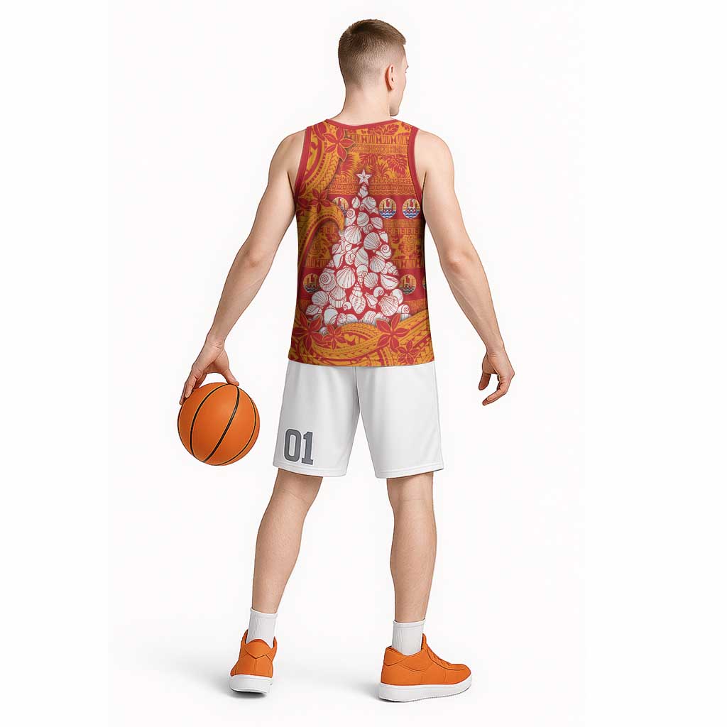 French Polynesia Christmas Basketball Jersey Seashell Xmas Tree Tribal Waves DT05 - Polynesian Pride