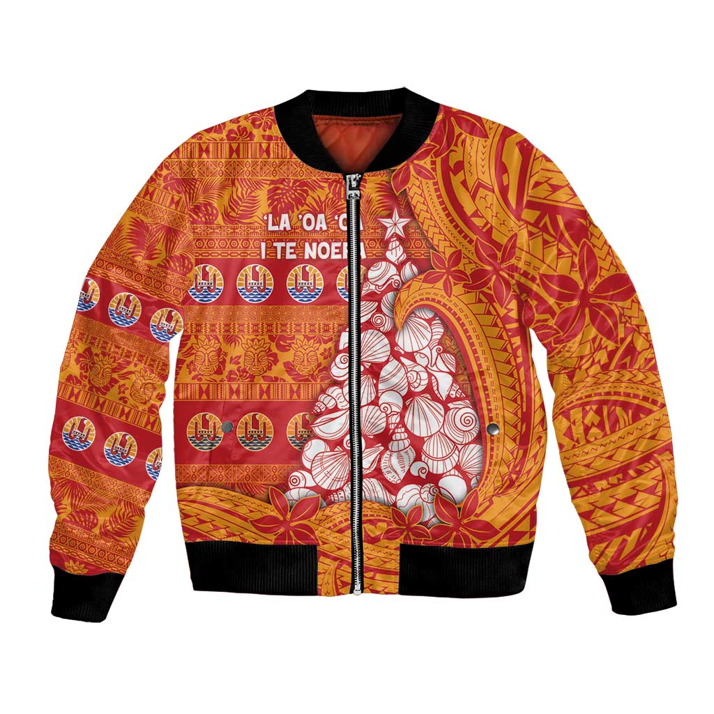 French Polynesia Christmas Bomber Jacket Seashell Xmas Tree Tribal Waves DT05 Unisex Orange - Polynesian Pride