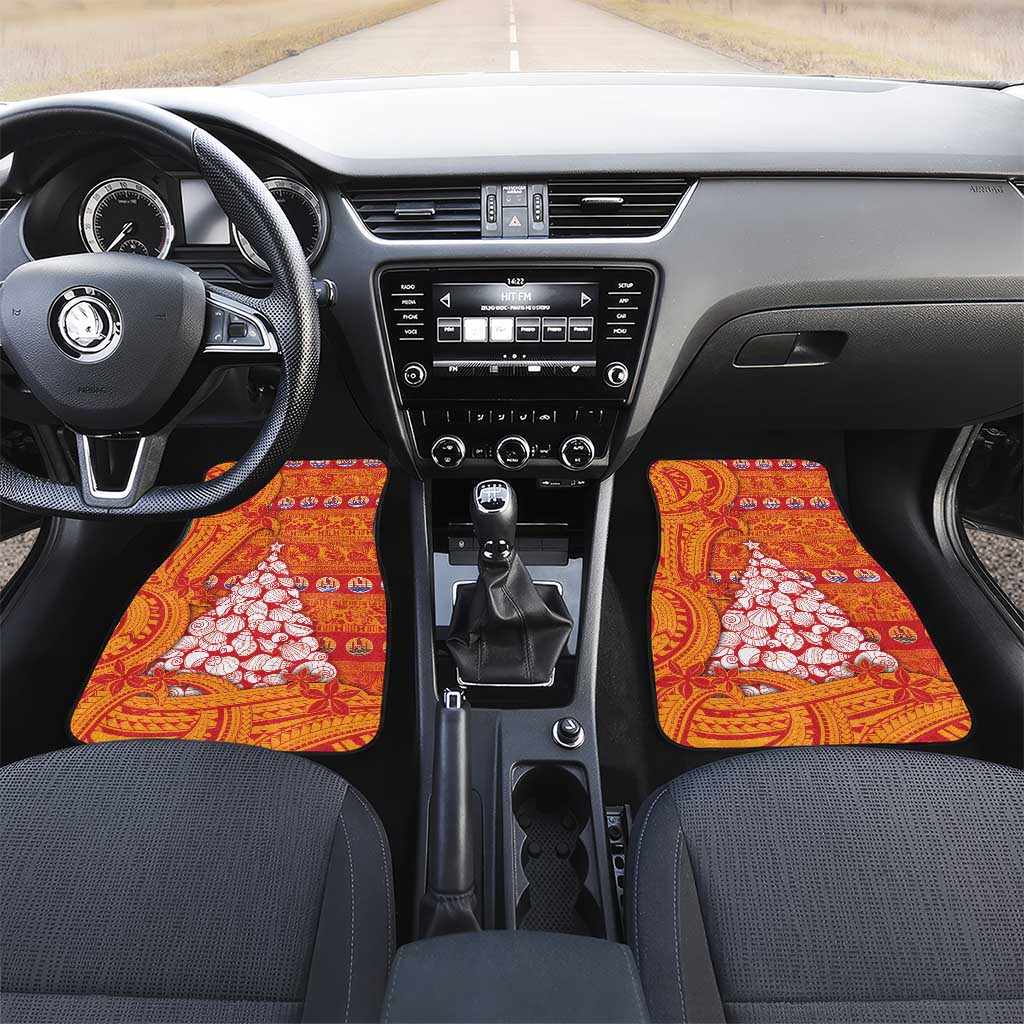 French Polynesia Christmas Car Mats Seashell Xmas Tree Tribal Waves DT05 Set 2pcs - Front Orange - Polynesian Pride