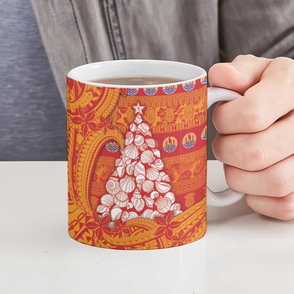 French Polynesia Christmas Ceramic Mug Seashell Xmas Tree Tribal Waves - Polynesian Pride