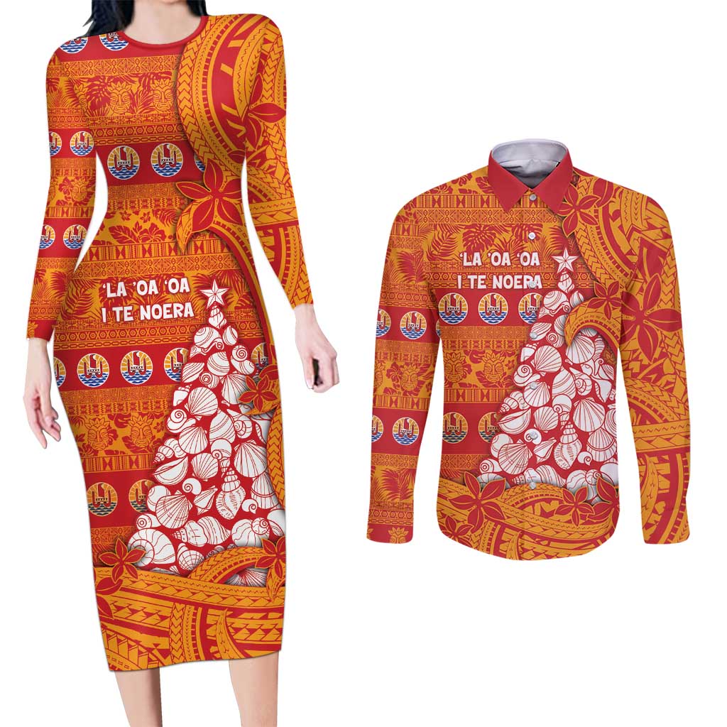French Polynesia Christmas Couples Matching Long Sleeve Bodycon Dress and Long Sleeve Button Shirt Seashell Xmas Tree Tribal Waves DT05 Orange - Polynesian Pride