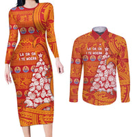 French Polynesia Christmas Couples Matching Long Sleeve Bodycon Dress and Long Sleeve Button Shirt Seashell Xmas Tree Tribal Waves DT05 Orange - Polynesian Pride