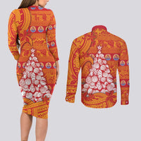 French Polynesia Christmas Couples Matching Long Sleeve Bodycon Dress and Long Sleeve Button Shirt Seashell Xmas Tree Tribal Waves DT05 - Polynesian Pride