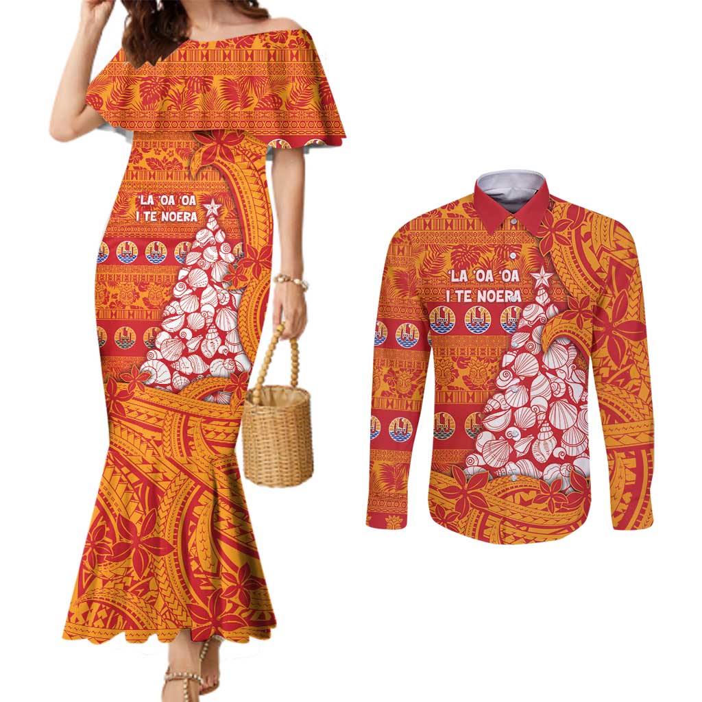 French Polynesia Christmas Couples Matching Mermaid Dress and Long Sleeve Button Shirt Seashell Xmas Tree Tribal Waves DT05 Orange - Polynesian Pride