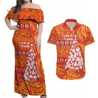 French Polynesia Christmas Couples Matching Off Shoulder Maxi Dress and Hawaiian Shirt Seashell Xmas Tree Tribal Waves - Polynesian Pride