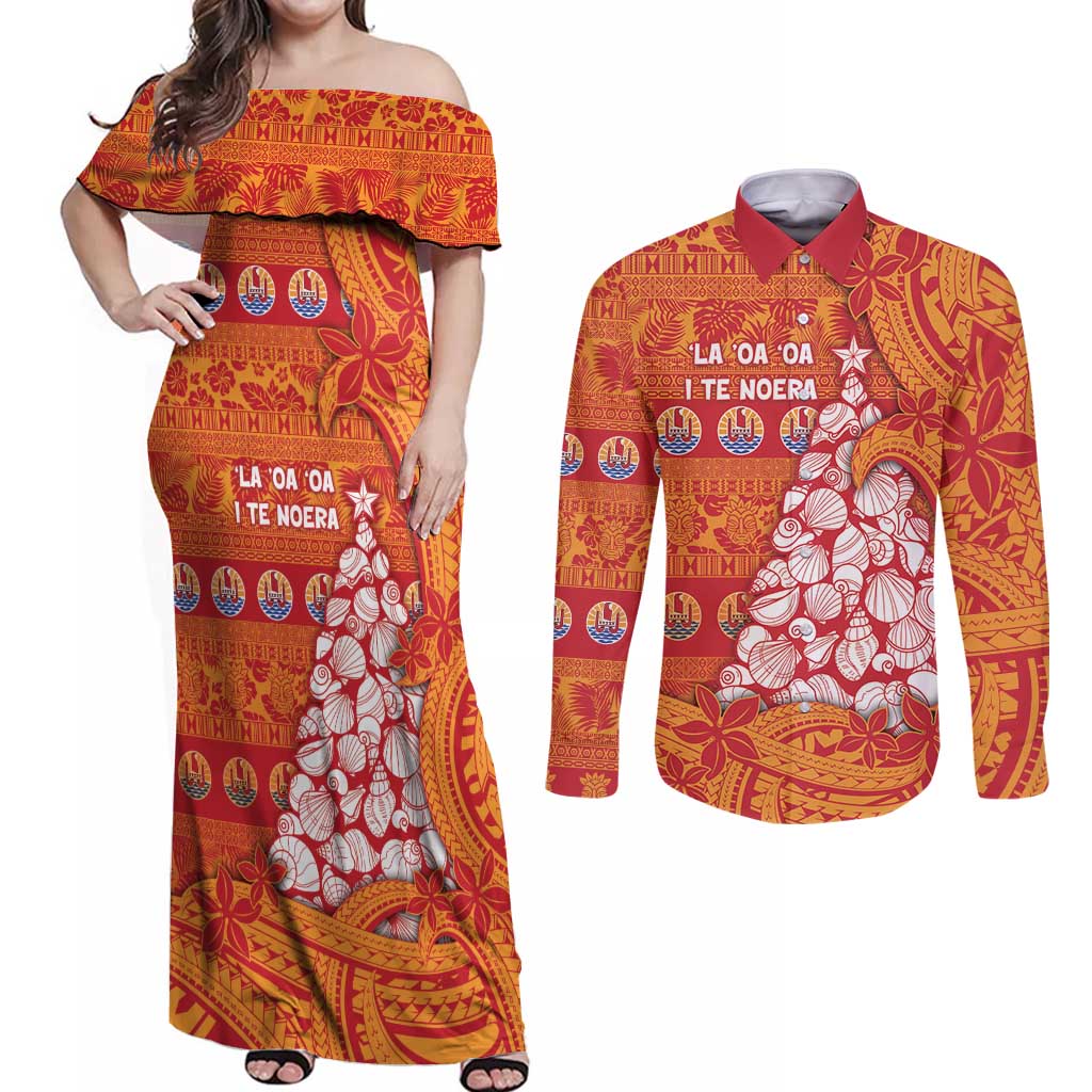 French Polynesia Christmas Couples Matching Off Shoulder Maxi Dress and Long Sleeve Button Shirt Seashell Xmas Tree Tribal Waves DT05 Orange - Polynesian Pride