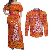 French Polynesia Christmas Couples Matching Off Shoulder Maxi Dress and Long Sleeve Button Shirt Seashell Xmas Tree Tribal Waves DT05 Orange - Polynesian Pride