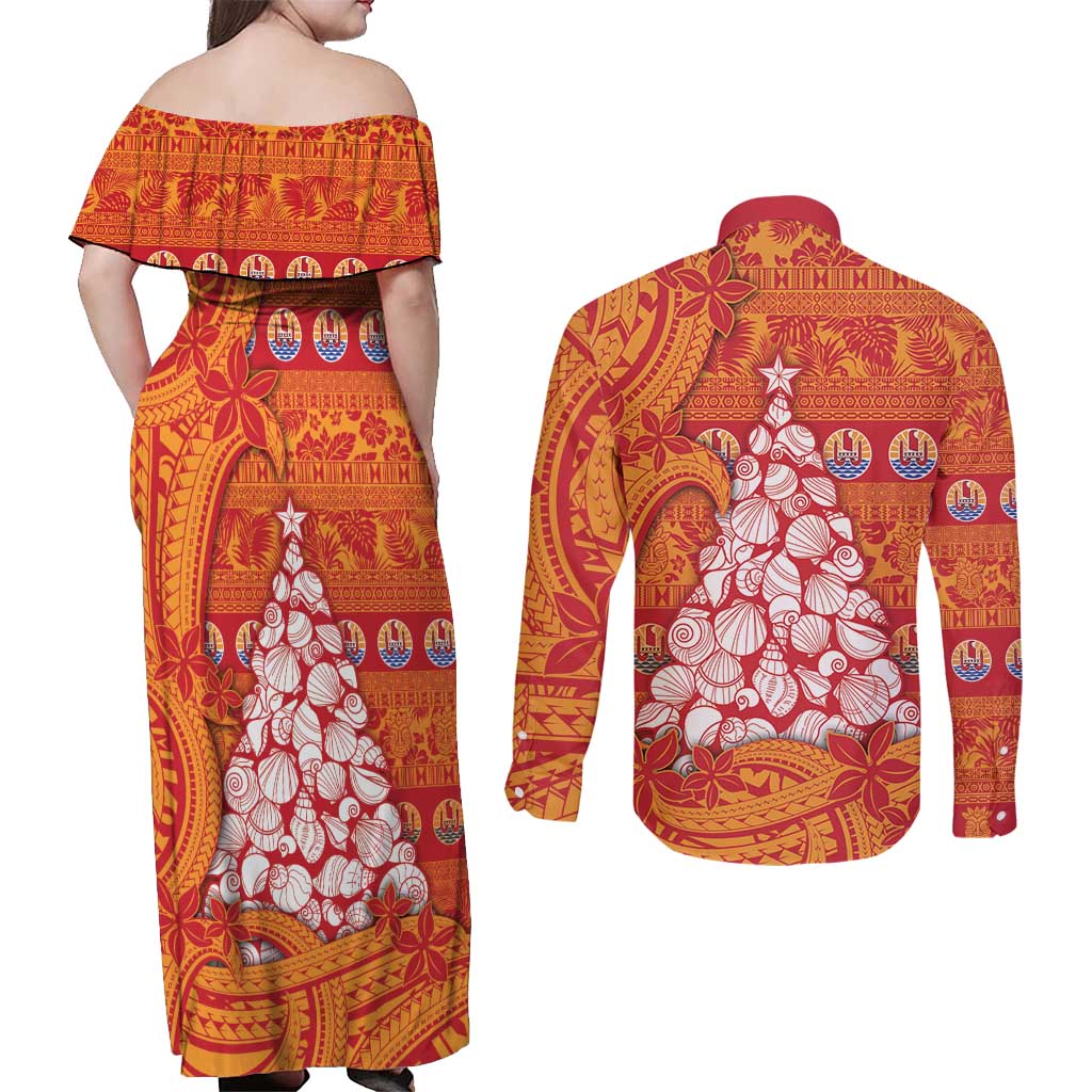French Polynesia Christmas Couples Matching Off Shoulder Maxi Dress and Long Sleeve Button Shirt Seashell Xmas Tree Tribal Waves DT05 - Polynesian Pride
