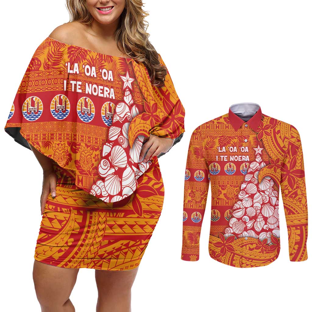 French Polynesia Christmas Couples Matching Off Shoulder Short Dress and Long Sleeve Button Shirt Seashell Xmas Tree Tribal Waves DT05 Orange - Polynesian Pride