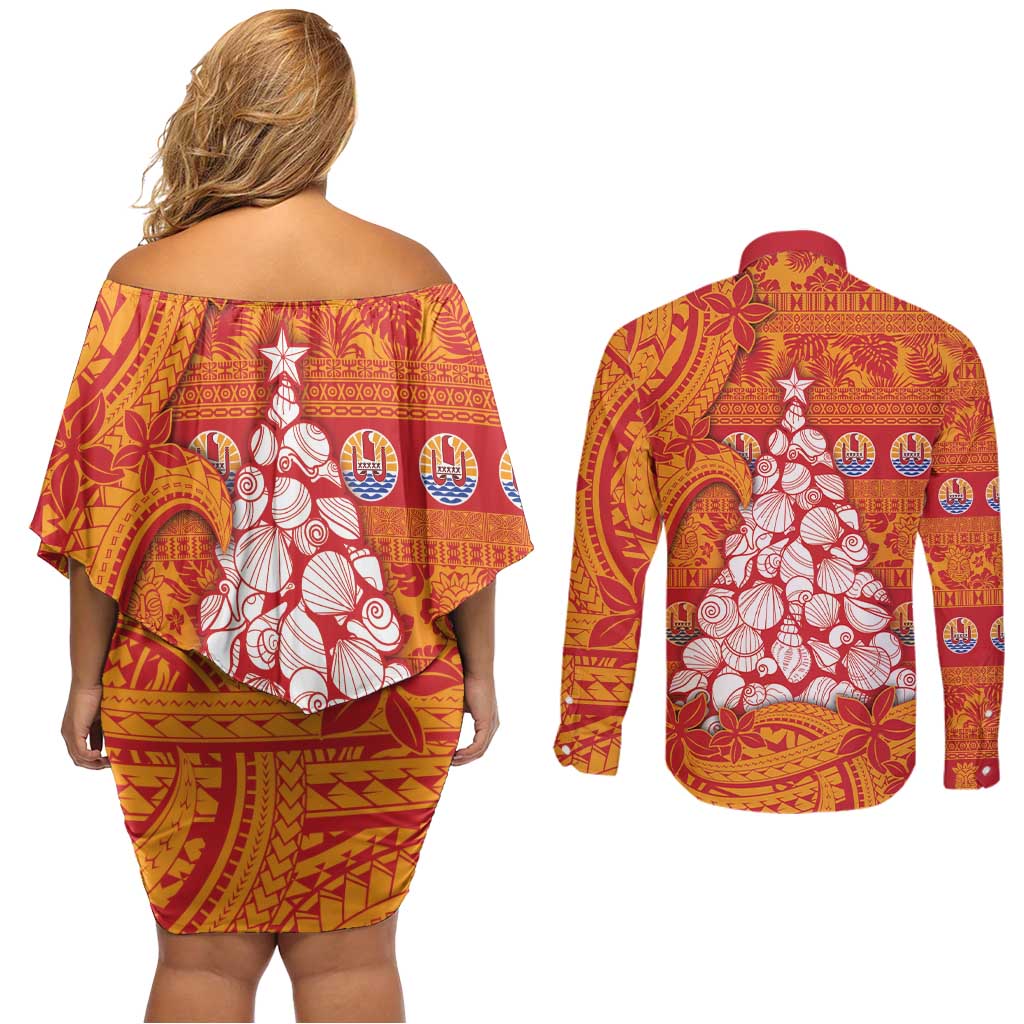French Polynesia Christmas Couples Matching Off Shoulder Short Dress and Long Sleeve Button Shirt Seashell Xmas Tree Tribal Waves DT05 - Polynesian Pride
