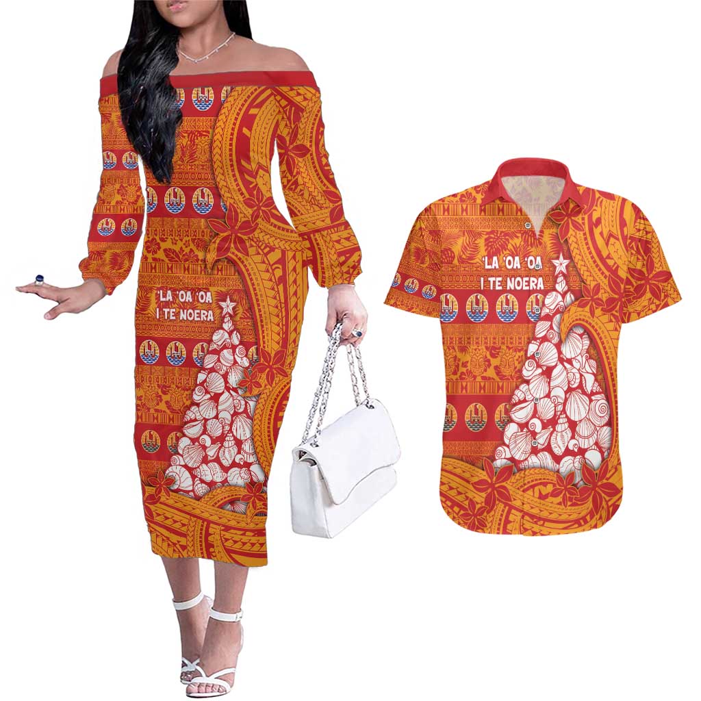 French Polynesia Christmas Couples Matching Off The Shoulder Long Sleeve Dress and Hawaiian Shirt Seashell Xmas Tree Tribal Waves - Polynesian Pride