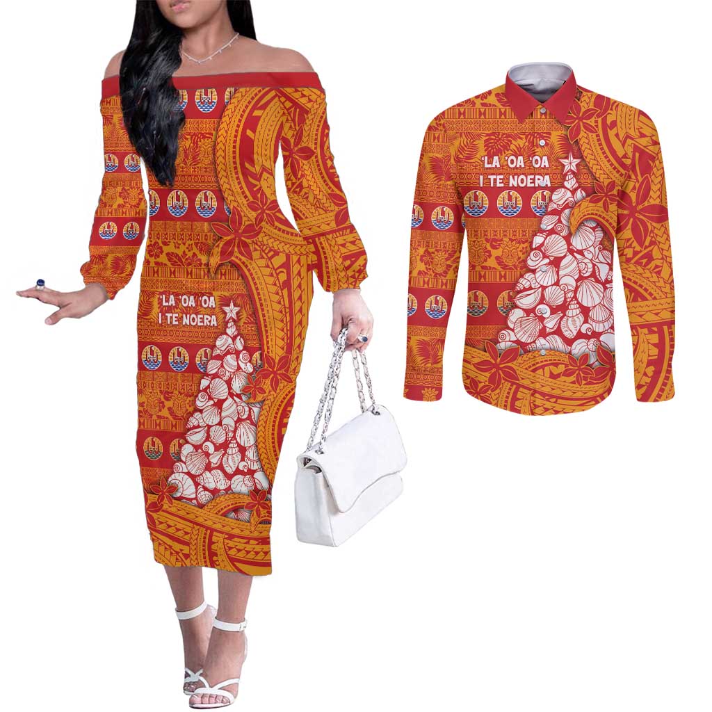 French Polynesia Christmas Couples Matching Off The Shoulder Long Sleeve Dress and Long Sleeve Button Shirt Seashell Xmas Tree Tribal Waves DT05 Orange - Polynesian Pride