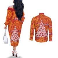 French Polynesia Christmas Couples Matching Off The Shoulder Long Sleeve Dress and Long Sleeve Button Shirt Seashell Xmas Tree Tribal Waves DT05 - Polynesian Pride