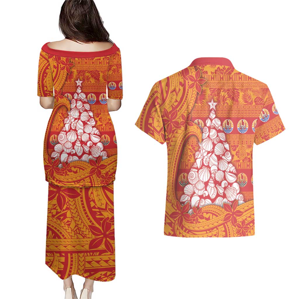 French Polynesia Christmas Couples Matching Puletasi and Hawaiian Shirt Seashell Xmas Tree Tribal Waves DT05 - Polynesian Pride
