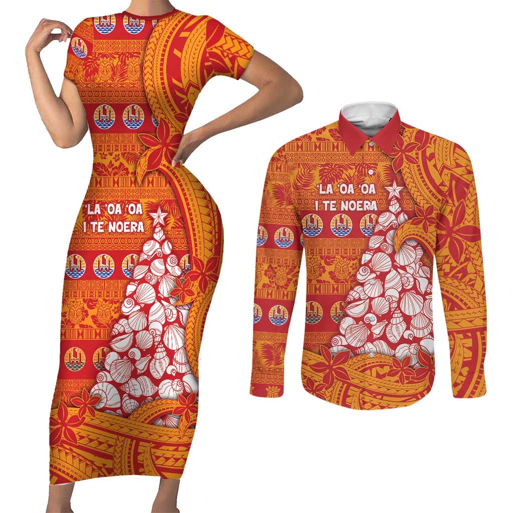 French Polynesia Christmas Couples Matching Short Sleeve Bodycon Dress and Long Sleeve Button Shirt Seashell Xmas Tree Tribal Waves DT05 Orange - Polynesian Pride