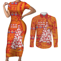 French Polynesia Christmas Couples Matching Short Sleeve Bodycon Dress and Long Sleeve Button Shirt Seashell Xmas Tree Tribal Waves DT05 Orange - Polynesian Pride
