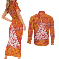 French Polynesia Christmas Couples Matching Short Sleeve Bodycon Dress and Long Sleeve Button Shirt Seashell Xmas Tree Tribal Waves DT05 - Polynesian Pride