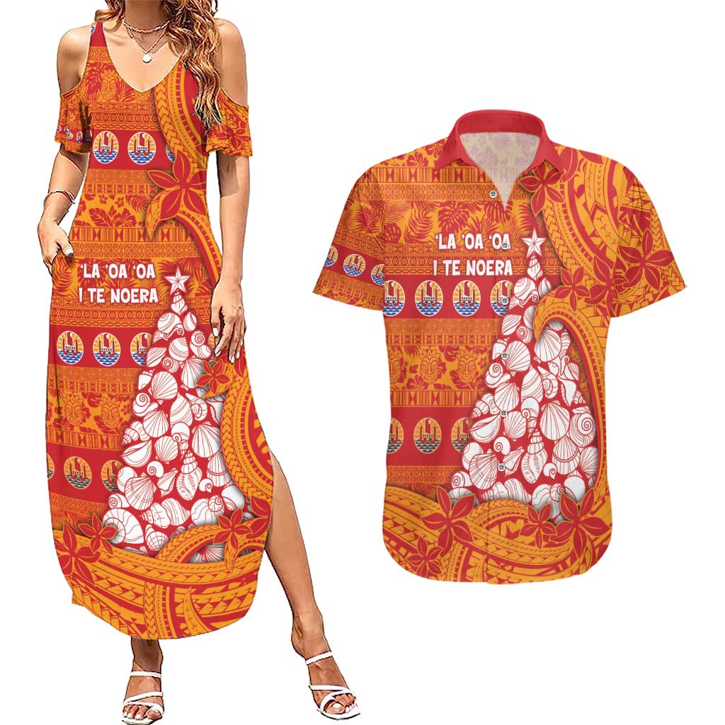 French Polynesia Christmas Couples Matching Summer Maxi Dress and Hawaiian Shirt Seashell Xmas Tree Tribal Waves - Polynesian Pride