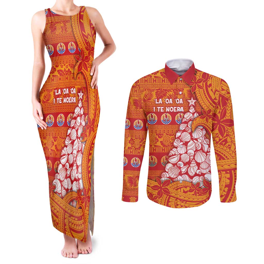 French Polynesia Christmas Couples Matching Tank Maxi Dress and Long Sleeve Button Shirt Seashell Xmas Tree Tribal Waves DT05 Orange - Polynesian Pride