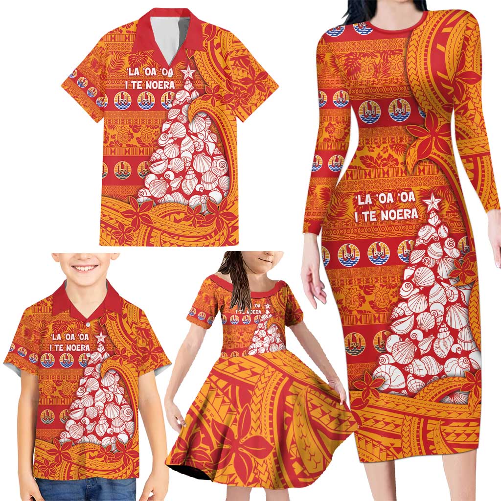 French Polynesia Christmas Family Matching Long Sleeve Bodycon Dress and Hawaiian Shirt Seashell Xmas Tree Tribal Waves - Polynesian Pride