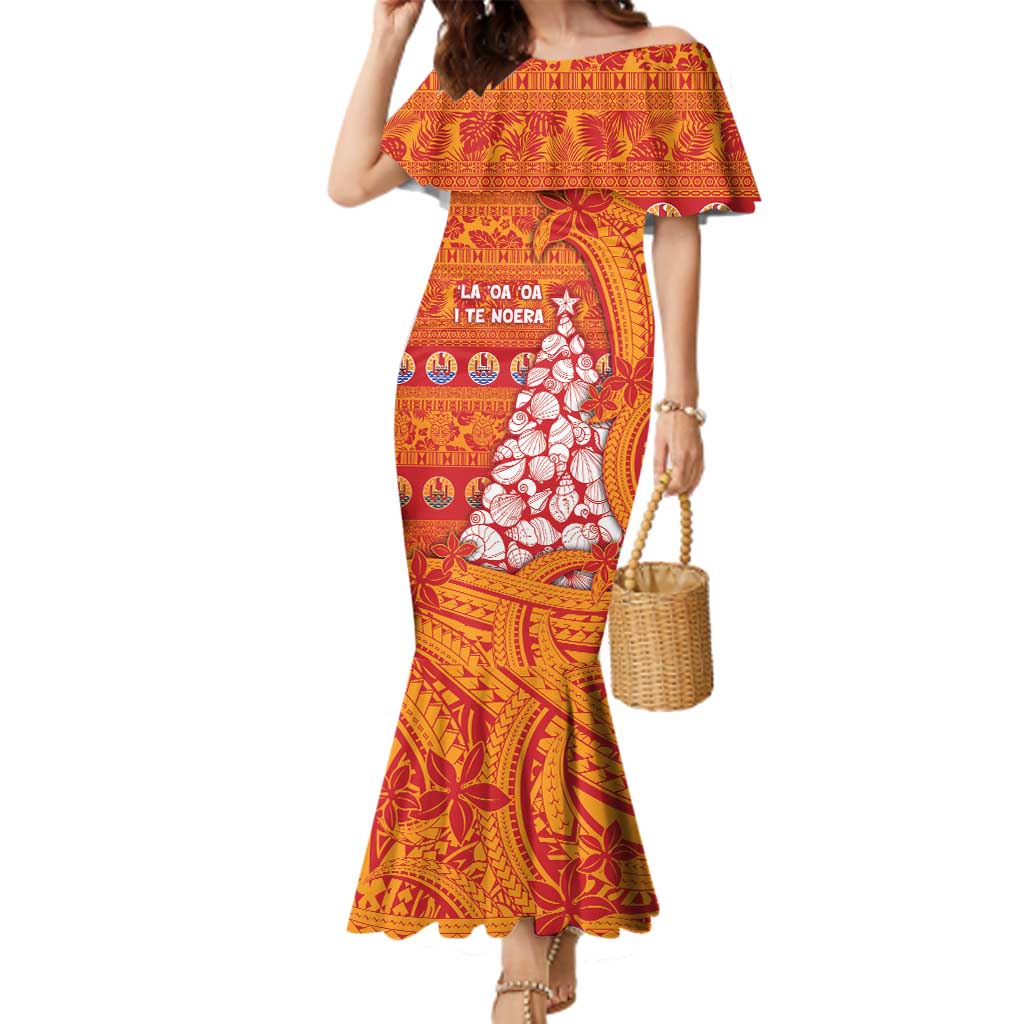 French Polynesia Christmas Family Matching Mermaid Dress and Hawaiian Shirt Seashell Xmas Tree Tribal Waves - Polynesian Pride