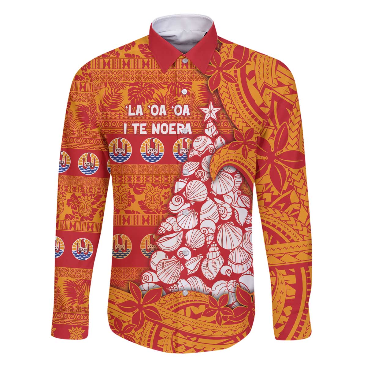 French Polynesia Christmas Family Matching Off The Shoulder Long Sleeve Dress and Hawaiian Shirt Seashell Xmas Tree Tribal Waves - Polynesian Pride