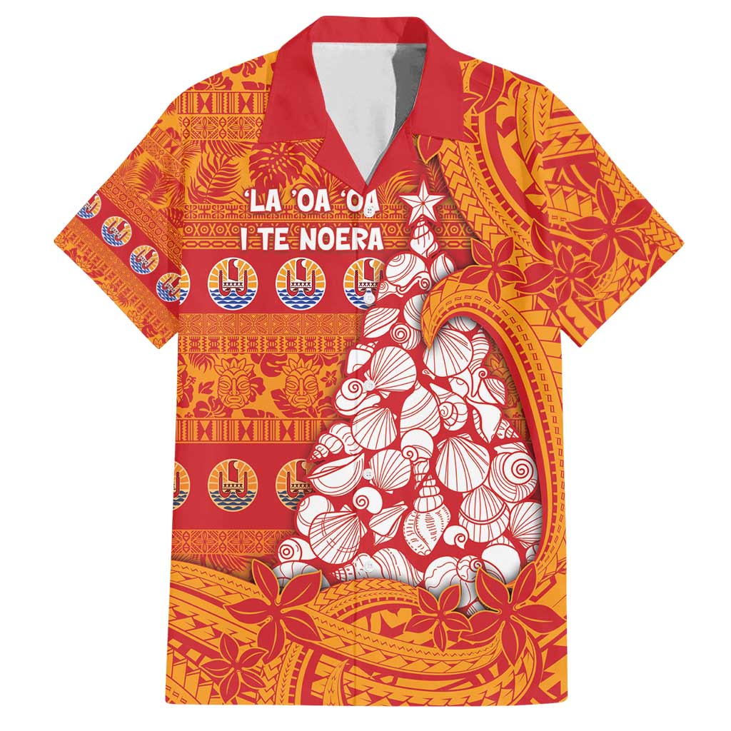 French Polynesia Christmas Family Matching Off Shoulder Maxi Dress and Hawaiian Shirt Seashell Xmas Tree Tribal Waves - Polynesian Pride