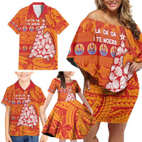 French Polynesia Christmas Family Matching Off Shoulder Short Dress and Hawaiian Shirt Seashell Xmas Tree Tribal Waves - Polynesian Pride