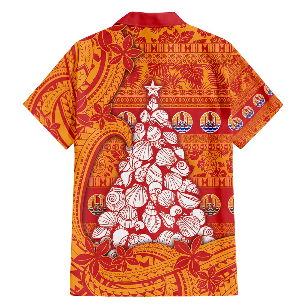 French Polynesia Christmas Family Matching Off Shoulder Short Dress and Hawaiian Shirt Seashell Xmas Tree Tribal Waves - Polynesian Pride