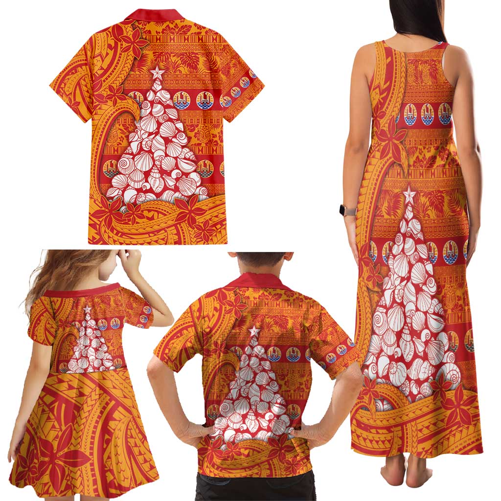 French Polynesia Christmas Family Matching Tank Maxi Dress and Hawaiian Shirt Seashell Xmas Tree Tribal Waves - Polynesian Pride